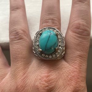 Vintage Stainless Steel Turquoise Oval Stone Mens Ring